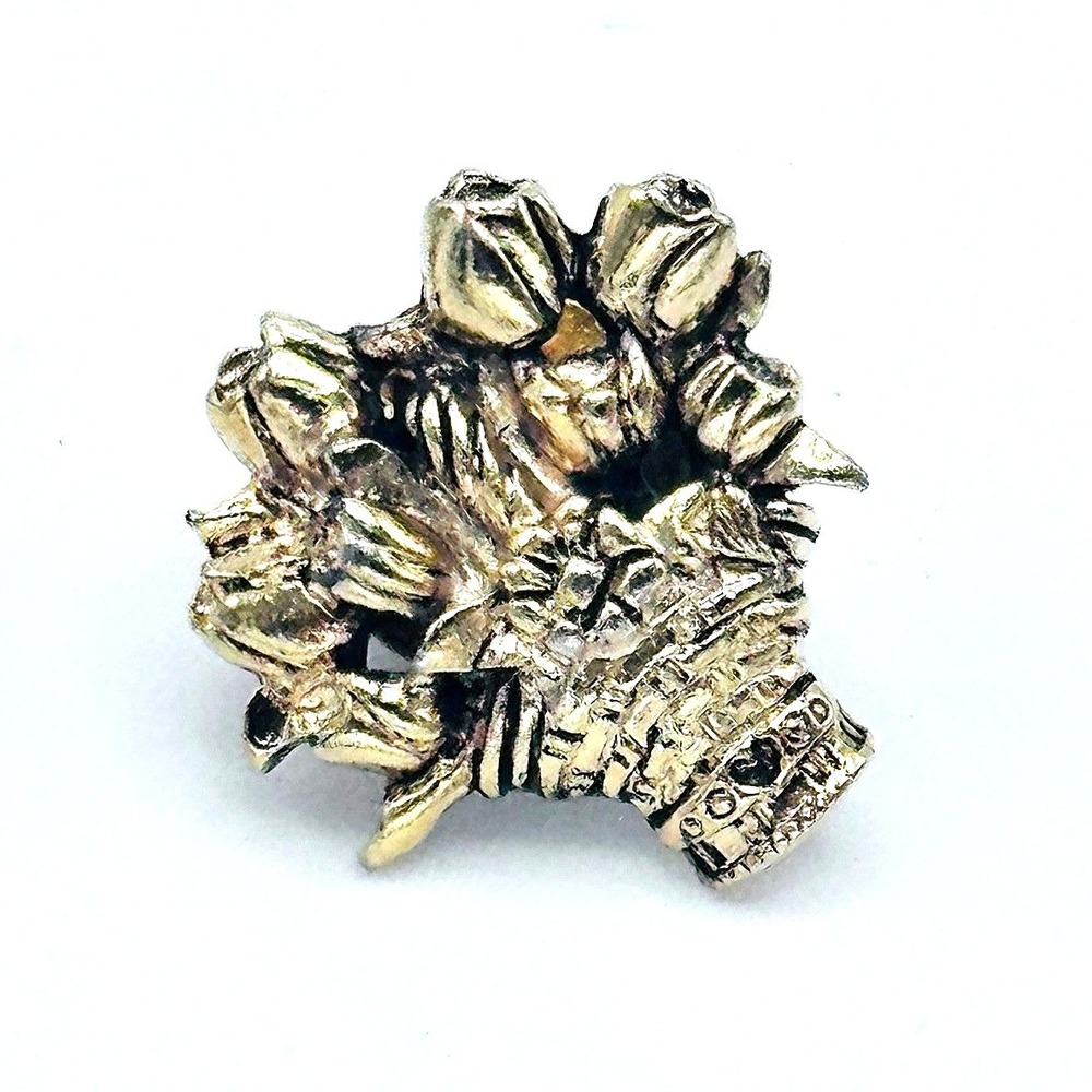 Vintage Gold Tone Flower Basket Pin Made USA Floral Statement Brooch Botanical